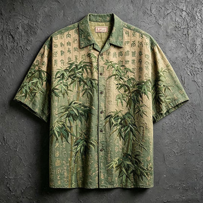 Men's Green Bamboo Print Cuban Collar Shirt | Premium Japanese Style Linen Blend Casual Half Sleeve Shirt