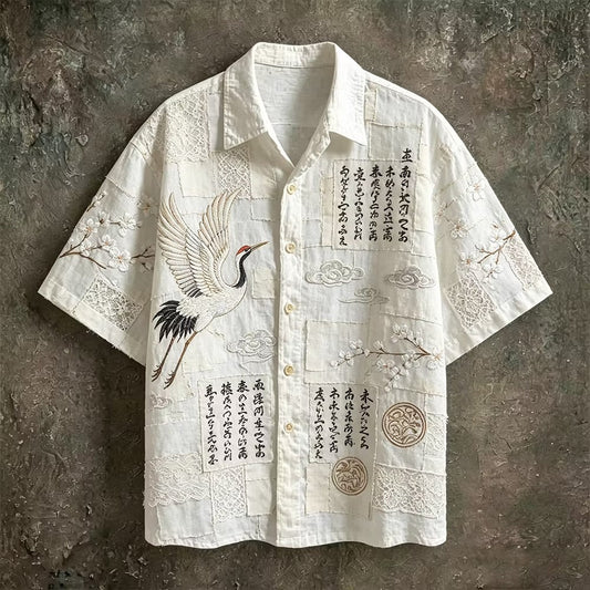 Men's White Japanese Crane Embroidered Linen Blend Shirt | Premium Half Sleeve Casual Shirt
