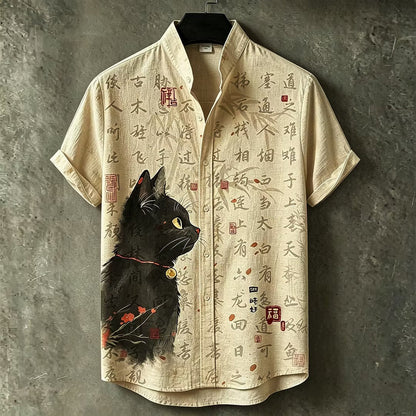 Men's Japanese Black Cat Calligraphy Print Shirt | Premium Cotton Linen Casual Button-Up