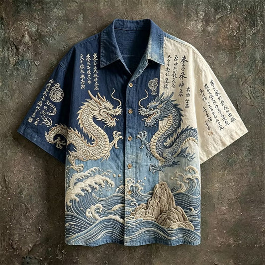 Men's Japanese Twin Dragon Ocean Print Shirt | Premium Cotton Linen Casual Button-Up