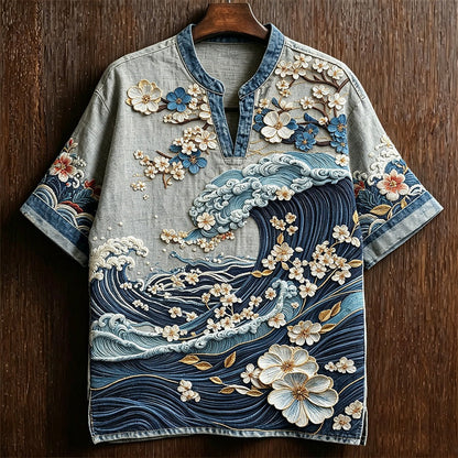 Men's Japanese Ocean Wave & Sakura Print Henley Shirt | Premium Cotton Linen Casual Half Sleeve Tee