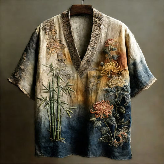 Men's Japanese Bamboo & Chrysanthemum V-Neck Shirt | Premium Cotton Linen Casual Summer Top