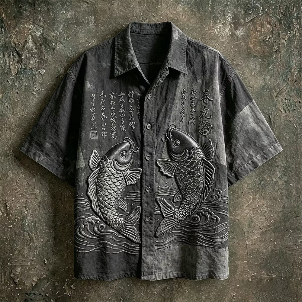 Men's Black Koi Fish Embroidered Cuban Collar Shirt | Premium Japanese Style Casual Half Sleeve Shirt