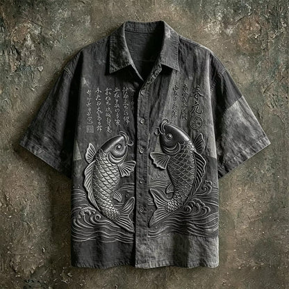 Men's Black Koi Fish Embroidered Cuban Collar Shirt | Premium Japanese Style Casual Half Sleeve Shirt