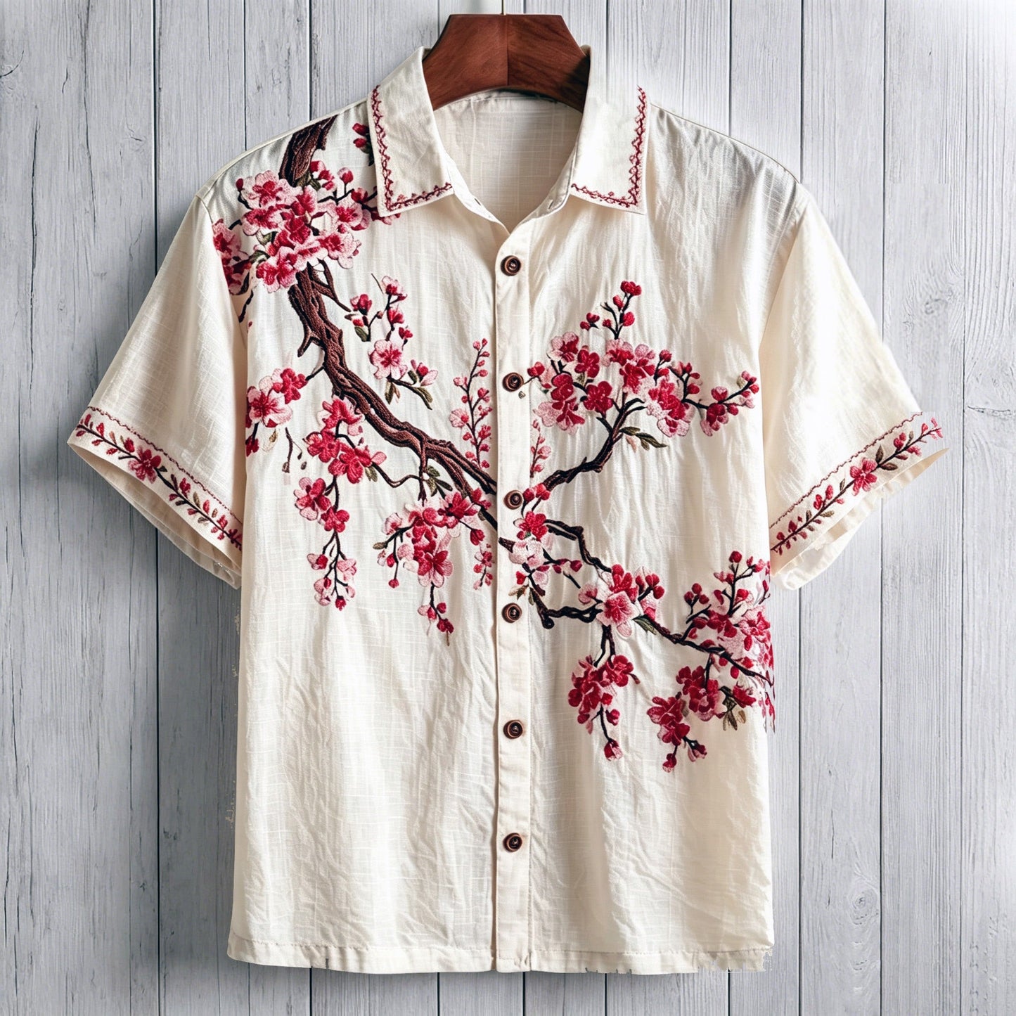 Men's Sakura Blossom Embroidered Cotton Linen Shirt | Japanese Floral Summer Casual Shirt