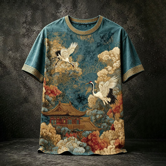Men's Japanese Crane Temple Graphic T-Shirt | Premium Vintage Oversized Cotton Casual Tee