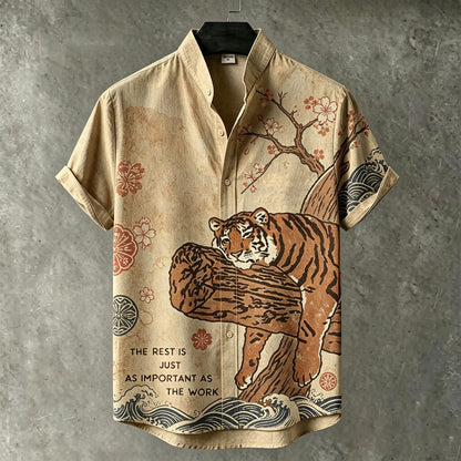 Men's Japanese Tiger Print Mandarin Collar Shirt | Premium Cotton Linen Casual Half Sleeve Shirt