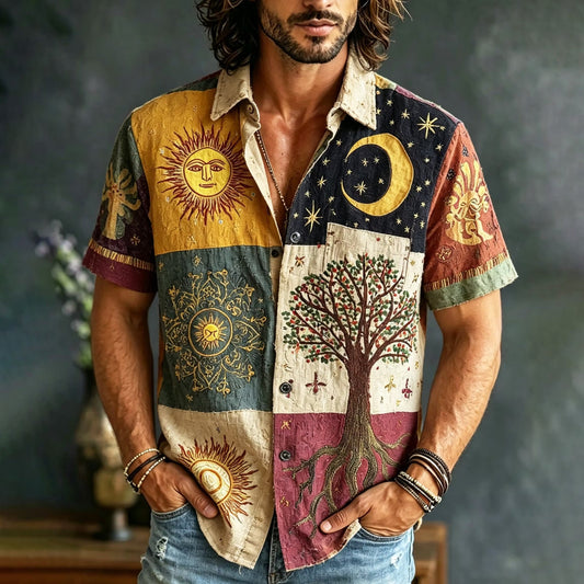 Men's Vintage Celestial Tree of Life Patchwork Button-Up Shirt | Bohemian Casual Summer Shirt