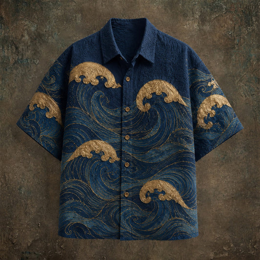Men's Japanese Ocean Wave Print Shirt | Premium Cotton Linen Casual Half Sleeve Button-Up Shirt