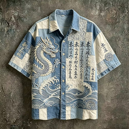 Men's Japanese Patchwork Dragon Wave Shirt | Premium Cotton Linen Casual Button-Up