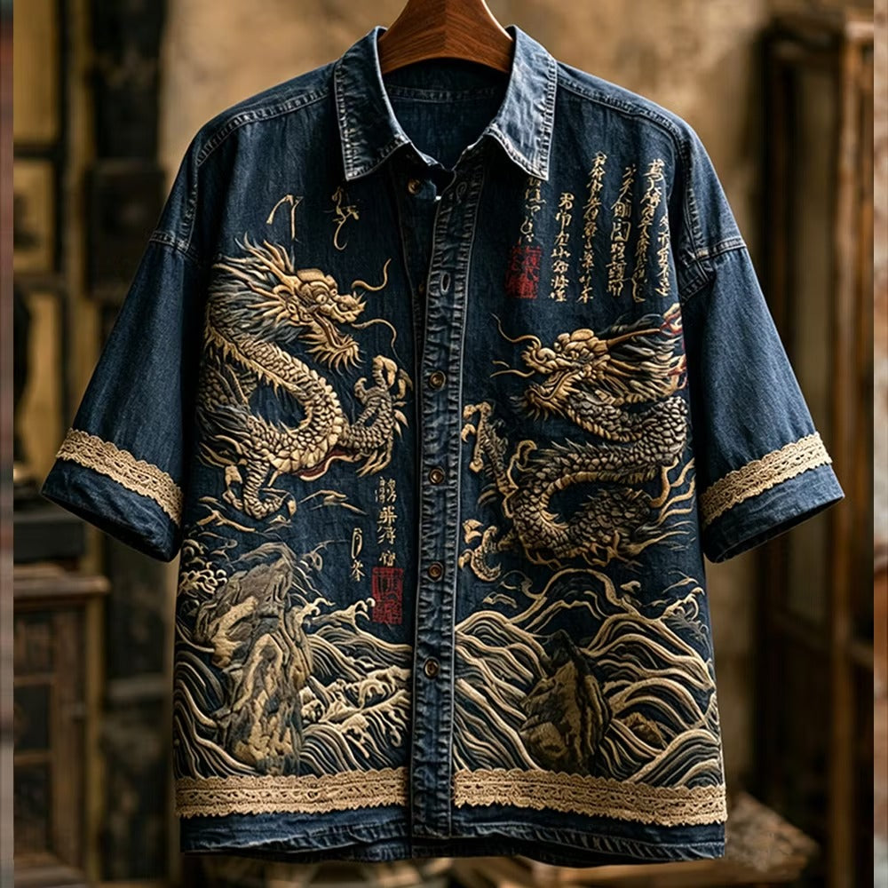 Men's Vintage Dragon Embroidered Denim Shirt | Japanese Style Short Sleeve Casual Shirt
