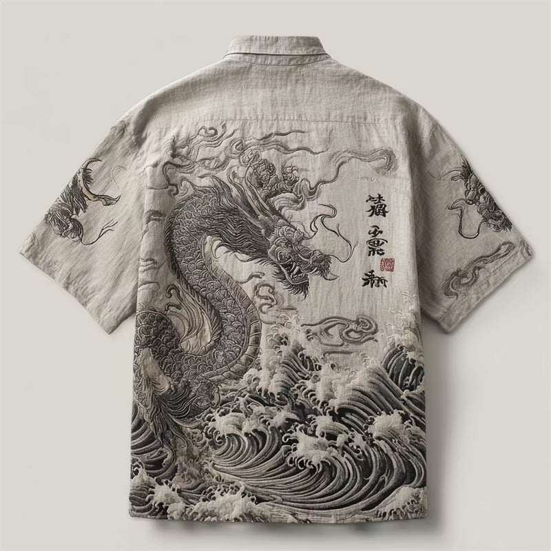 Men's Japanese Dragon Wave Print Linen Shirt | Vintage Oriental Short Sleeve Casual Shirt