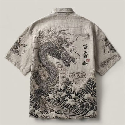 Men's Japanese Dragon Wave Print Linen Shirt | Vintage Oriental Short Sleeve Casual Shirt