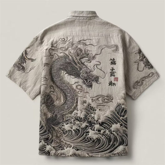 Men's Japanese Dragon Wave Print Linen Shirt | Vintage Oriental Short Sleeve Casual Shirt