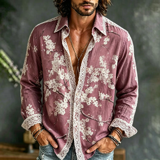 Men's Vintage Floral Lace Shirt | Cherry Blossom Print Long Sleeve Button-Up | Uroba.shop