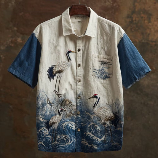 Men's Japanese Crane Landscape Print Shirt | Premium Cotton Linen Casual Half Sleeve Button-Up Shirt