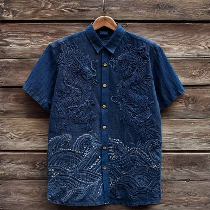Men's Embroidered Dragon Ocean Wave Shirt | Japanese Style Cotton Linen Short Sleeve Shirt