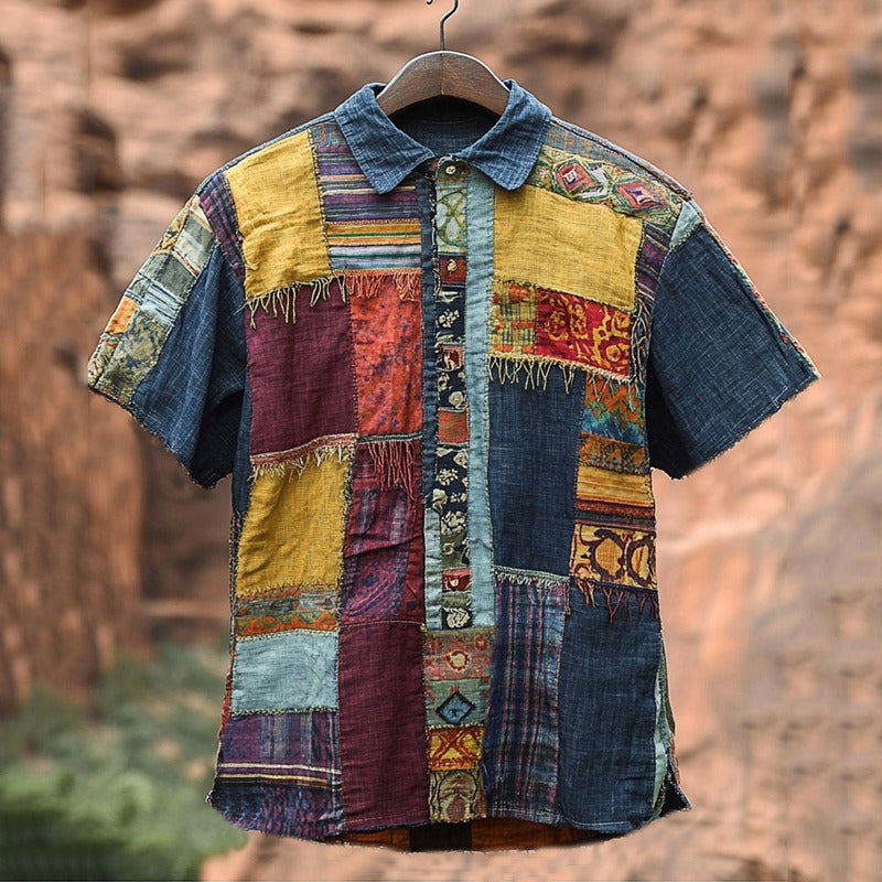 Men's Vintage Patchwork Cotton Linen Shirt | Bohemian Handmade Short Sleeve Casual Shirt