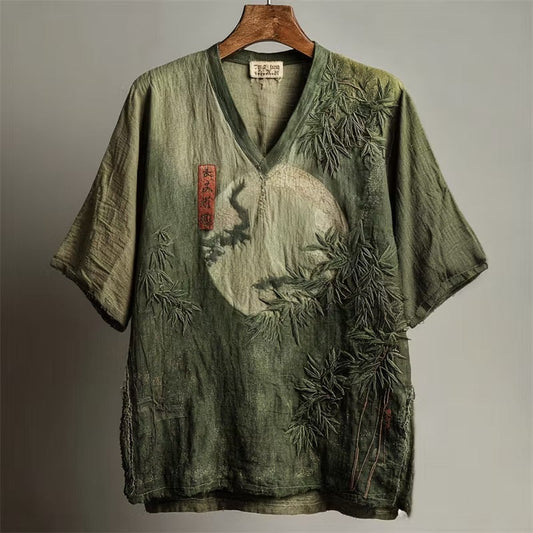 Men's Bamboo Moon Cotton Linen Kimono Shirt | Japanese V-Neck Short Sleeve Casual Top