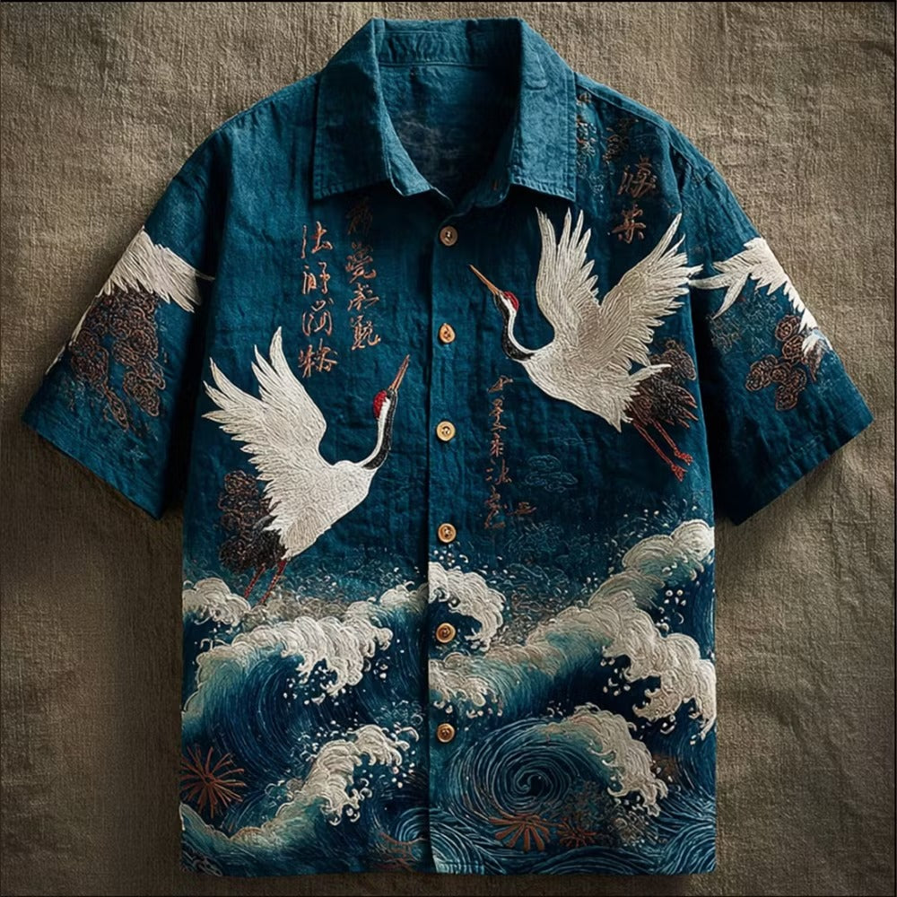 Men's Japanese Crane Ocean Wave Print Shirt | Premium Cotton Linen Casual Half Sleeve Button-Up Shirt