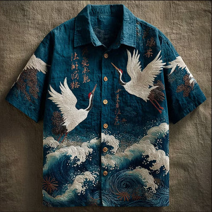 Men's Japanese Crane Ocean Wave Print Shirt | Premium Cotton Linen Casual Half Sleeve Button-Up Shirt