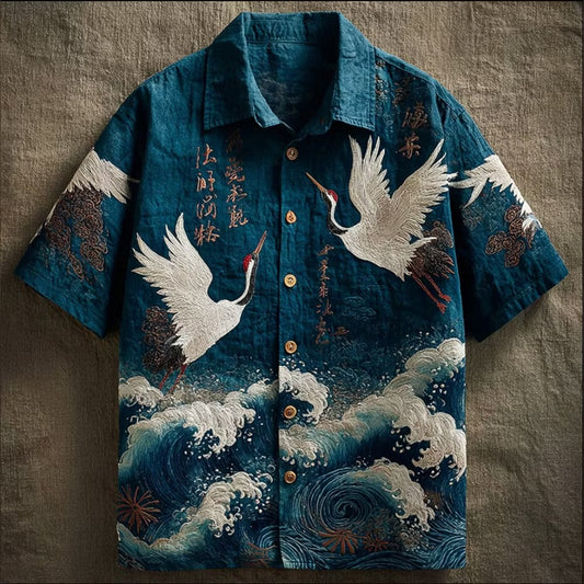 Men's Japanese Crane Ocean Wave Print Shirt | Premium Cotton Linen Casual Half Sleeve Button-Up Shirt