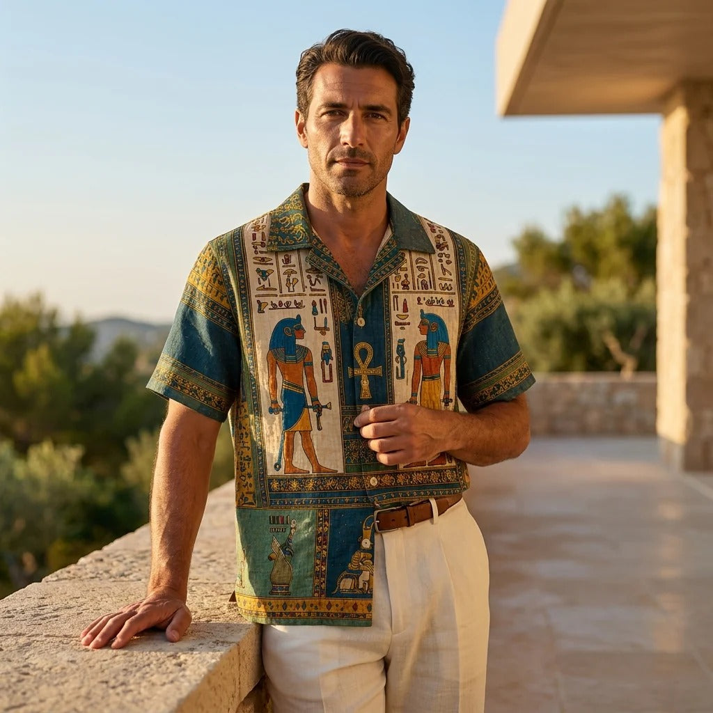 Men's Egyptian Pharaoh Hieroglyph Print Cuban Collar Shirt | Premium Vintage Casual Half Sleeve Shirt