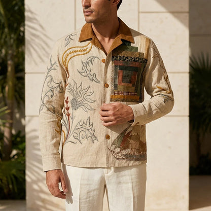 Men's Beige Artistic Embroidered Linen Blend Shirt | Premium Long Sleeve Casual Button-Up Shirt