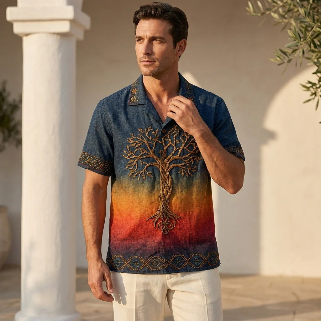 Men's Tree of Life Ombre Embroidered Cuban Collar Shirt | Premium Casual Half Sleeve Shirt