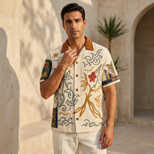 Men's Cream Floral Embroidered Cuban Collar Shirt | Premium Linen Blend Casual Half Sleeve Shirt