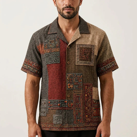 Men's Vintage Tribal Patchwork Cuban Collar Shirt | Premium Linen Blend Casual Half Sleeve Shirt