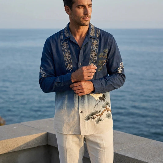 Men's Blue Gradient Embroidered Crane Linen Blend Shirt | Premium Long Sleeve Casual Shirt