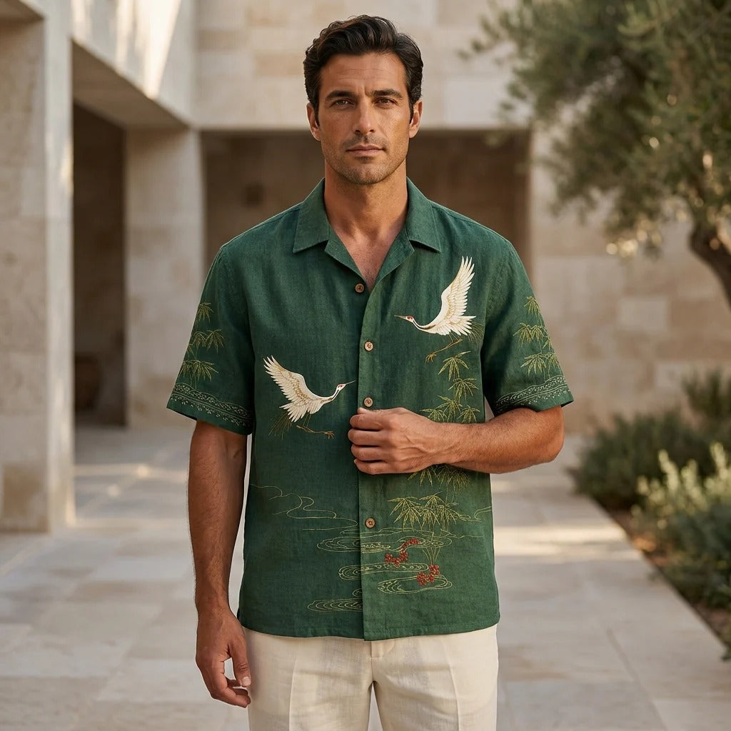 Men's Dark Green Embroidered Crane Linen Blend Cuban Collar Shirt | Premium Casual Summer Shirt