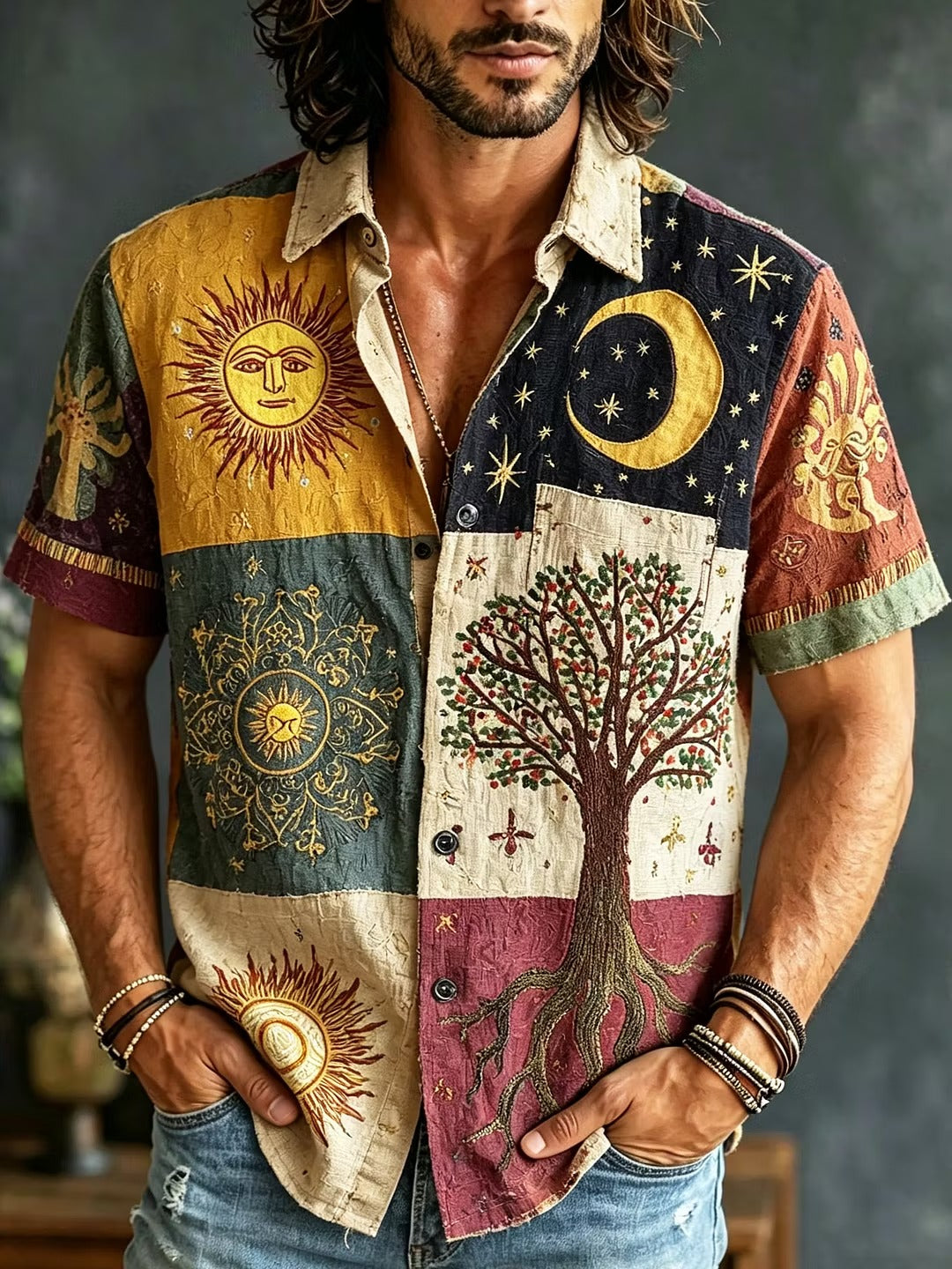 Men's Vintage Celestial Tree of Life Patchwork Button-Up Shirt | Bohemian Casual Summer Shirt