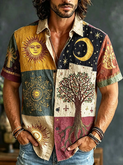 Men's Vintage Celestial Tree of Life Patchwork Button-Up Shirt | Bohemian Casual Summer Shirt
