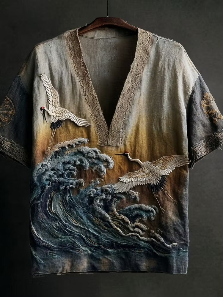 Men's Japanese Crane Wave Kimono Shirt | Vintage Cotton Linen V-Neck Casual Summer Top