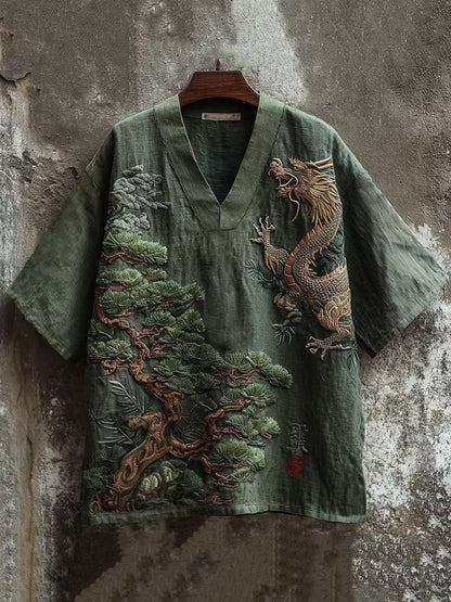 Men's Japanese Dragon Bonsai V-Neck Shirt | Premium Cotton Linen Casual Summer Top