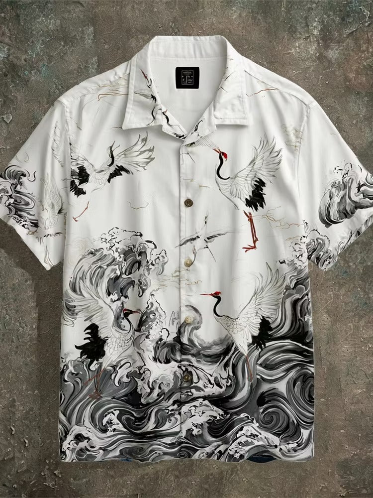 Men's Japanese Crane Wave Print Shirt | Premium Cotton Linen Casual Half Sleeve Button-Up Shirt