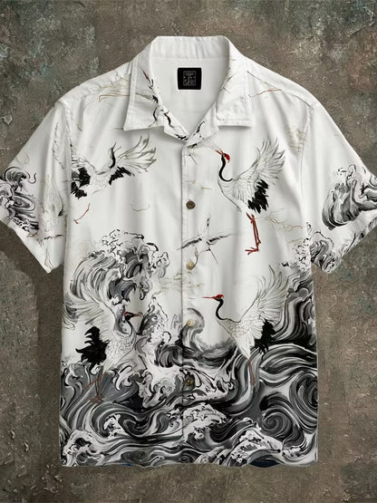 Men's Japanese Crane Wave Print Shirt | Premium Cotton Linen Casual Half Sleeve Button-Up Shirt