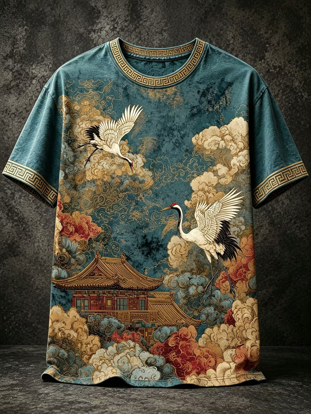 Men's Japanese Crane Temple Graphic T-Shirt | Premium Vintage Oversized Cotton Casual Tee