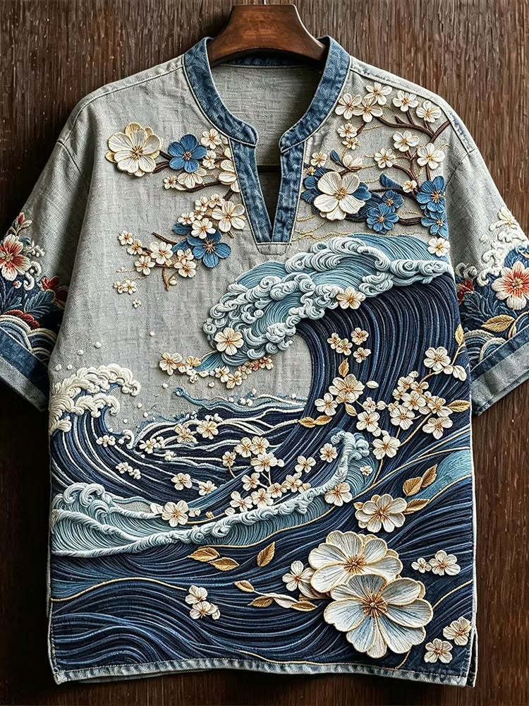 Men's Japanese Ocean Wave & Sakura Print Henley Shirt | Premium Cotton Linen Casual Half Sleeve Tee