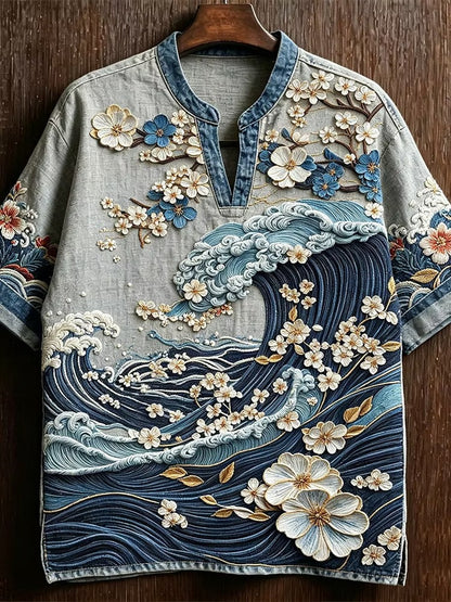 Men's Japanese Ocean Wave & Sakura Print Henley Shirt | Premium Cotton Linen Casual Half Sleeve Tee