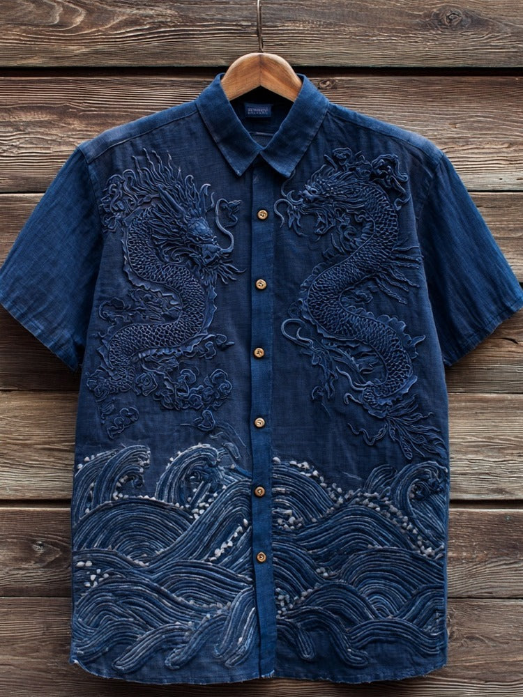 Men's Embroidered Dragon Ocean Wave Shirt | Japanese Style Cotton Linen Short Sleeve Shirt