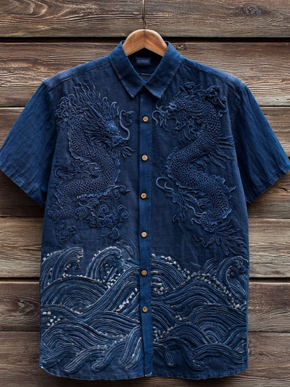 Men's Embroidered Dragon Ocean Wave Shirt | Japanese Style Cotton Linen Short Sleeve Shirt