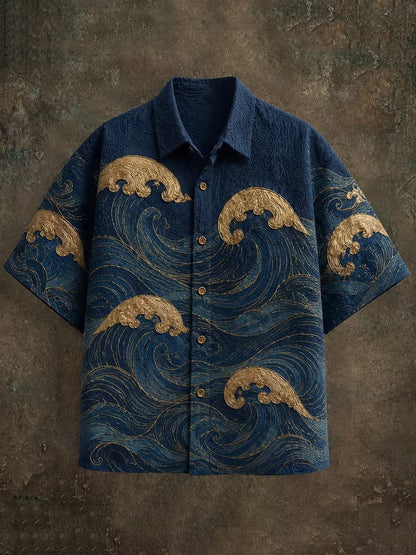 Men's Japanese Ocean Wave Print Shirt | Premium Cotton Linen Casual Half Sleeve Button-Up Shirt