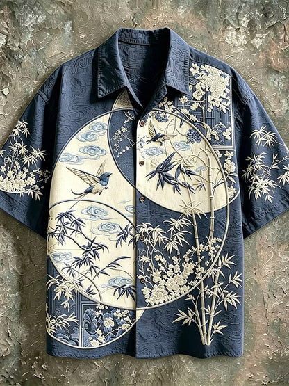 Men's Japanese Bamboo Bird Print Shirt | Premium Cotton Linen Casual Half Sleeve Button-Up Shirt