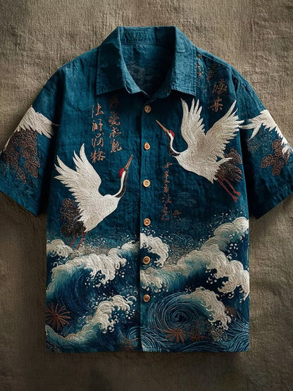 Men's Japanese Crane Ocean Wave Print Shirt | Premium Cotton Linen Casual Half Sleeve Button-Up Shirt