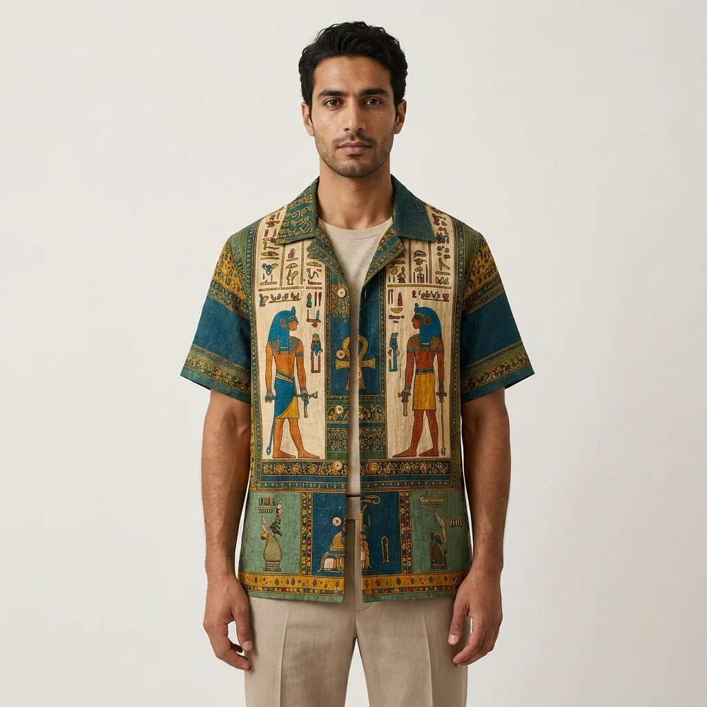 Men's Egyptian Pharaoh Hieroglyph Print Cuban Collar Shirt | Premium Vintage Casual Half Sleeve Shirt