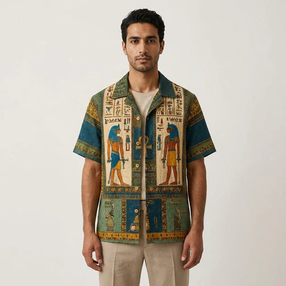 Men's Egyptian Pharaoh Hieroglyph Print Cuban Collar Shirt | Premium Vintage Casual Half Sleeve Shirt