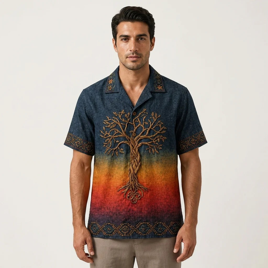 Men's Tree of Life Ombre Embroidered Cuban Collar Shirt | Premium Casual Half Sleeve Shirt